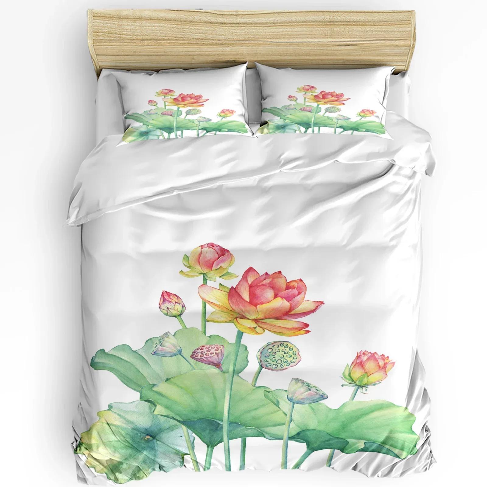 Plant Lotus Flower White Duvet Cover Bed Bedding Set Double Home Textile Quilt Cover Pillowcases Bedroom Bedding Set